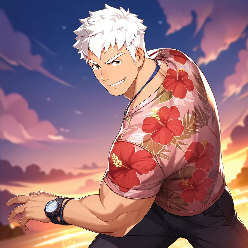 score_9, score_8_up, score_7_up, rating_explicit, source_anime, boy, white hair, pretty face, hibiscus print, clothes, flowers, stylish, smirk, masterpiece, male only, bara, amazing quality, best aesthetic, game cg, official art, wallpaper, absurdres, high-res, dynamic pose