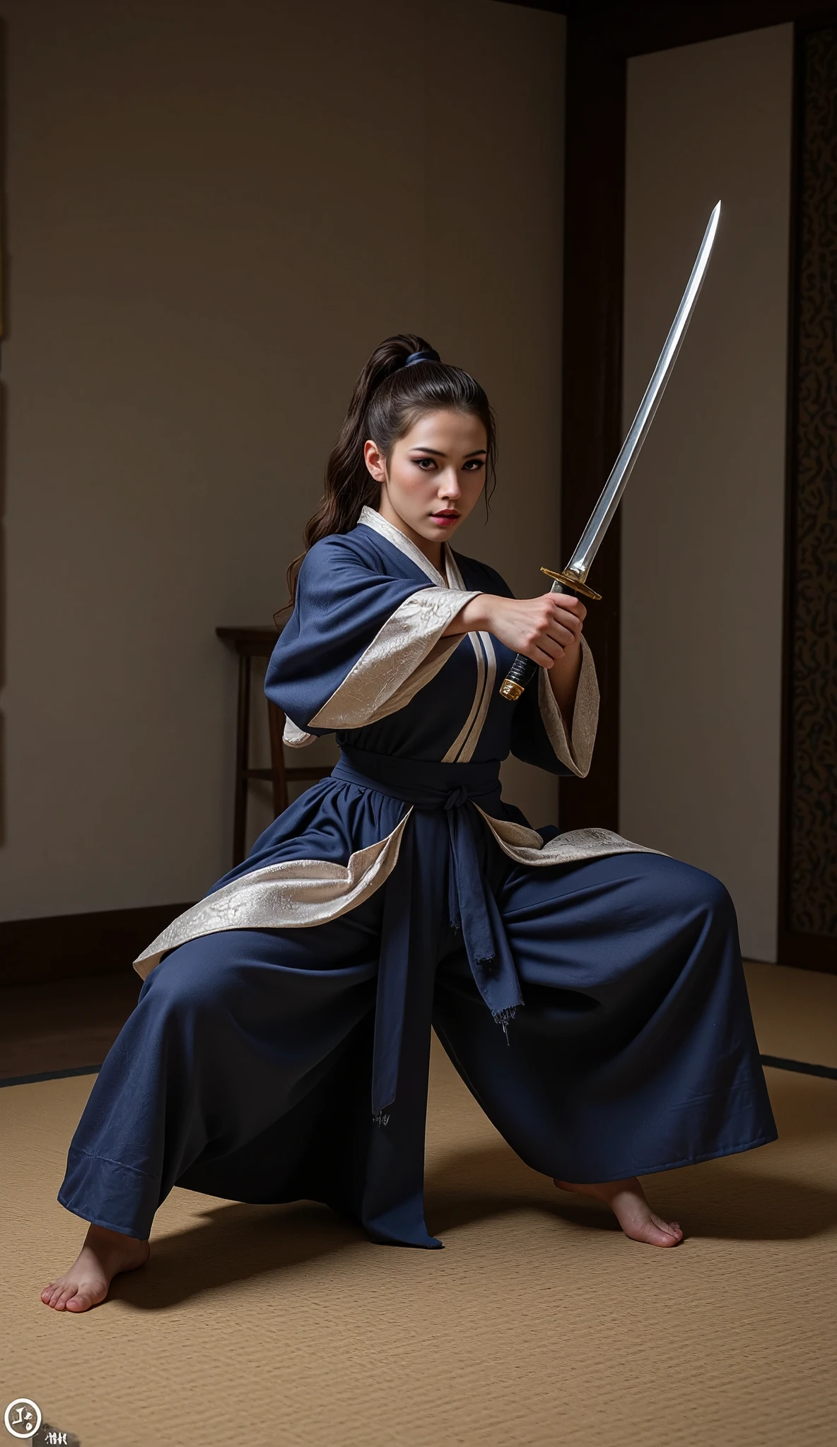 1 Japanese female samurai, solo, wearing a kimono and hakama, straw sandals, gripping a razor-sharp Japanese katana with a long, meticulously honed blade, performing an elegant sword dance, (best quality, 4k, 8k, highres, masterpiece:1.2), ultra-detailed, (realistic, photorealistic, photo-realistic:1.37), traditional japanese art, intricate details, dramatic lighting, muted color palette, cinematic composition, dynamic pose, intense focus, flowing fabric, clean lines, disciplined expression