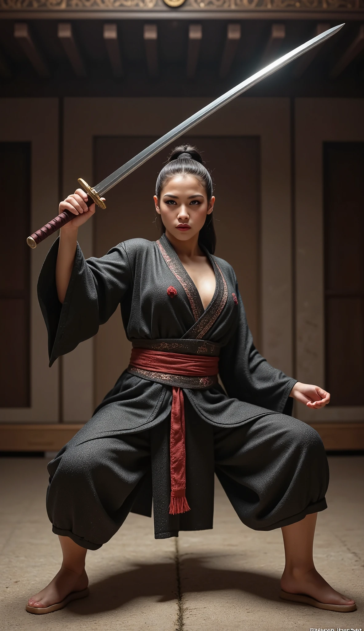 1 Japanese female samurai, solo, wearing a kimono and hakama, straw sandals, gripping a razor-sharp Japanese katana with a long, meticulously honed blade, performing an elegant sword dance, (best quality, 4k, 8k, highres, masterpiece:1.2), ultra-detailed, (realistic, photorealistic, photo-realistic:1.37), traditional japanese art, intricate details, dramatic lighting, muted color palette, cinematic composition, dynamic pose, intense focus, flowing fabric, clean lines, disciplined expression