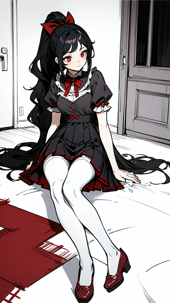 using pantimedies, wavy black hair, piercing look with deep red eyes, average stature, Silky hair with a ponytail hairstyle collected with a red bow with two white lines, with clothes, has a vagina, has breasts, cup of breasts, small breasts, slim, foreground, Session, sitting in her room, standing in his room, wearing pantyhose, using pantimedies, Picardias, short skirt, shoes, blouse with straps, blush, opening her legs making her panties visible, open legs, perfect white panty, Skirt fluttering in the wind, grabbing the skirt with both hands 