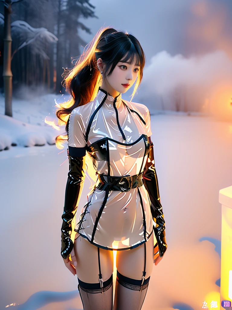 ((A woman)), 美丽脸庞的Sexy中国华裔女明星, Wearing white strappy underwear, Wearing pink transparent clothes, (((Light theme, Exposing the subject, Sexy主题)))
((Transparent latex clothing: 1.5), (Revealing clothes: 1.5),  (Wet clothes:1.0), (Color of clothes: Pink), ((Wearing transparent clothing)))
(((night, Private hot spring, Surrounded by fog, Dense bamboo forest, Standing in the water, Snow Scene))),
((desktop:1.0), (Highest quality:1.0), (high resolution:1.2), (Reality:1.0))
((8K Ultra HD, 8K, 超high resolution, Best quality, Super Fine, Clear focus. Masterpieces, complete pattern, Ultra HD, Detailed photos, Best image quality，Ultra-clear，Delicate facial features，Well-defined, Highly rated works, Close-up depth of field photography, Above the knee, Symmetrical character)), 
((Creating the image of a real girl), Realistic shadows, Soft lighting, Dynamic Angle, Dynamic poses, Elegant Posture, Cowboy lens, Full body front view, Be confident, Facing the camera, Eyes looking towards camera lens, Standing posture, Open your legs slightly, Golden Ratio Graphics, Minimalism, Center the character), 
( Smile, Sexy的, Balanced Eyes, Realistic eyes, Beautiful details of the eyes,Pretty Face, (Realistic face), Normal facial features, Realistic skin, Pay attention to skin details, Skin is clean and radiant, Whitening, Anatomically correct body, Golden ratio figure, Sexy的身材), 
(Perfect makeup, Gloves, earrings</input></xml>, bracelet, necklace, Jewelry, Hair accessories, shawl, sock, Knee socks, 吊garter, Leg ring, garter, 腿部garter), 
((beautiful hair), Dark black hair, Wavy curly hairstyle, Waist-length hair, Messy Hairstyle, Gradient hairstyles, Cyberpunk Hairstyle, High double ponytail hairstyle), 
(Sexy的, Perfect breast shape, Teardrop chest shape, Snow-white breasts, Very detailed breasts, 34C cup), 
(Super high waist, Deep V, Low-cut, Sexy, Flattering, Open crotch, (Clear camel toe, (High fork strangulation))),
(((Clear outline, Clear underwear, 透明Sexy的穿着)))