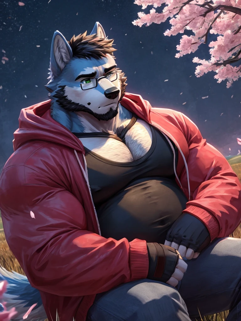 masterpiece,best quality,kemono, anthro (wolf), male, (wolf), beard,middle-aged, gray body,white belly,muscular white (fundoshi),chinese building,majestic,brutal,confident,strong,cherry blossoms, sakura blossoms leaves, outdoors, dynamic angle,depth of field,delicate canine tooth,correct anatomy, correct hand,,hd, dim ,dark,dark shadows, light against dark,cinematic, dramatic light,wide dynamic range, hdr, low light:1.2, by Pino Daeni, (by ruaidri), by virtyalfobo,(splash, spill, milk ((body)), blush, stud earrings, drooling, (bug eye view), blush sticker, close-up, lying in,open legs,(worm eye view), perfect face