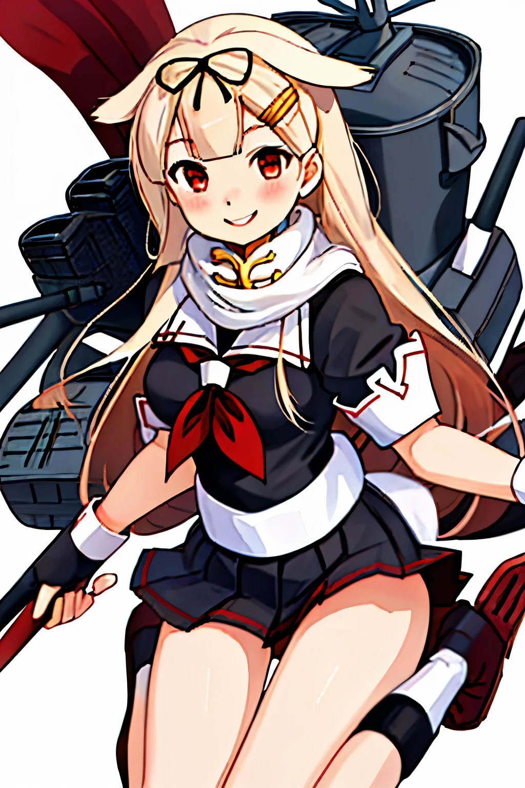 Top quality masterpiece high resolution, 1 girl,  (Yuudachi Kai Ni 　Kantai Collection:1.15), Long Hair, blonde, Red eyes, ribbon,smile, Black Sailor Suit, Pleated skirt, Slender body, Full body portrait,White background