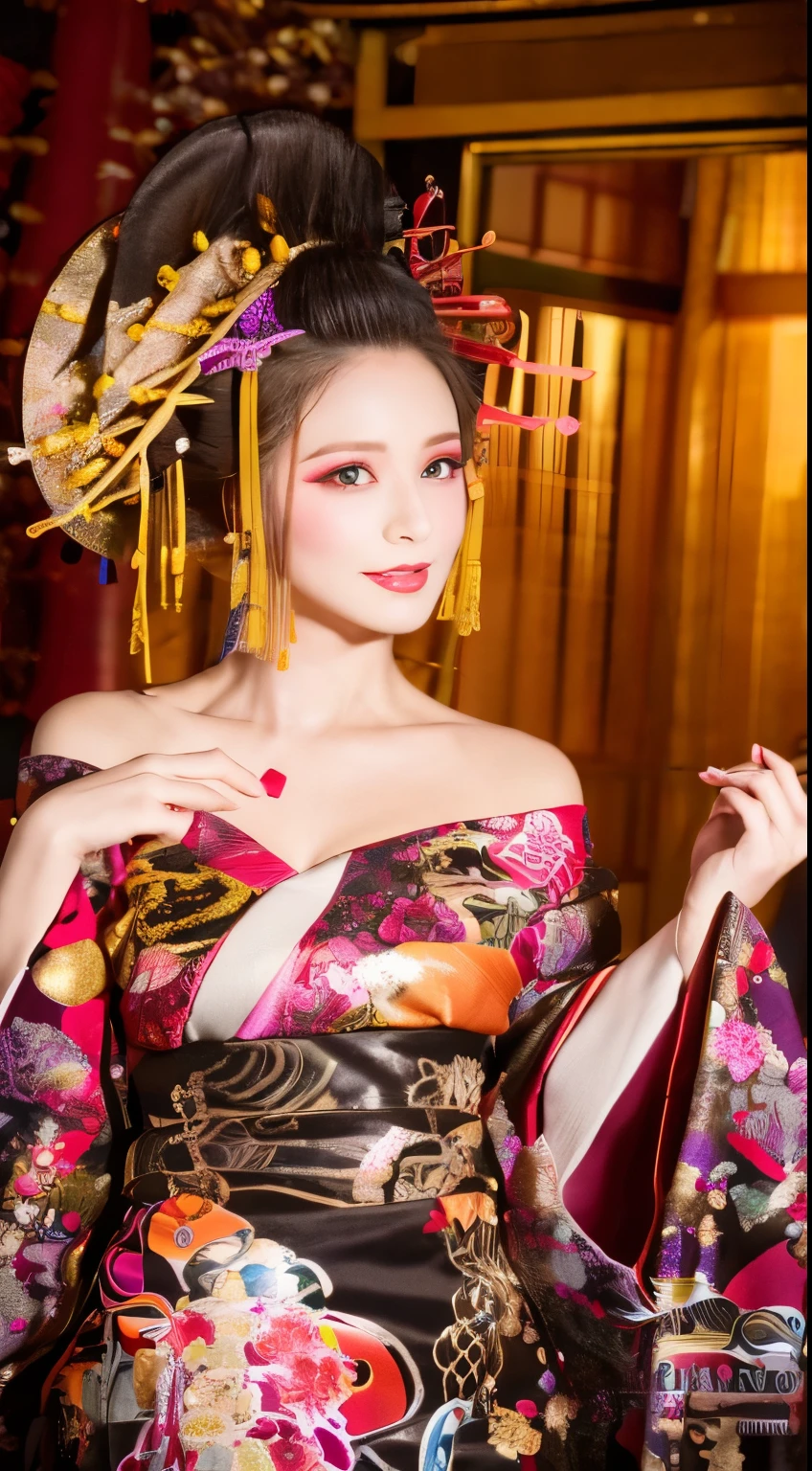 ((masterpiece(:1.4)，Highest quality，Ultra-high resolution，Highest quality，8k，Extremely detailed，In detail))。night，Fireworks display，Japanese，A beautiful woman，Big Breasts，Flashy gal makeup，Oiran，Long-sleeved kimono，Uchikake，Gold brocade，Sunny clothes，Hair tying，hairpin，hair ornaments，can，Oiran road trip，Gorgeous and luxurious，(A snapshot of a riverbank at night with autumn scenery in the background, using Fireworks display)，Emphasize the chest，Show your shoulderove the dress up to the shoulders，