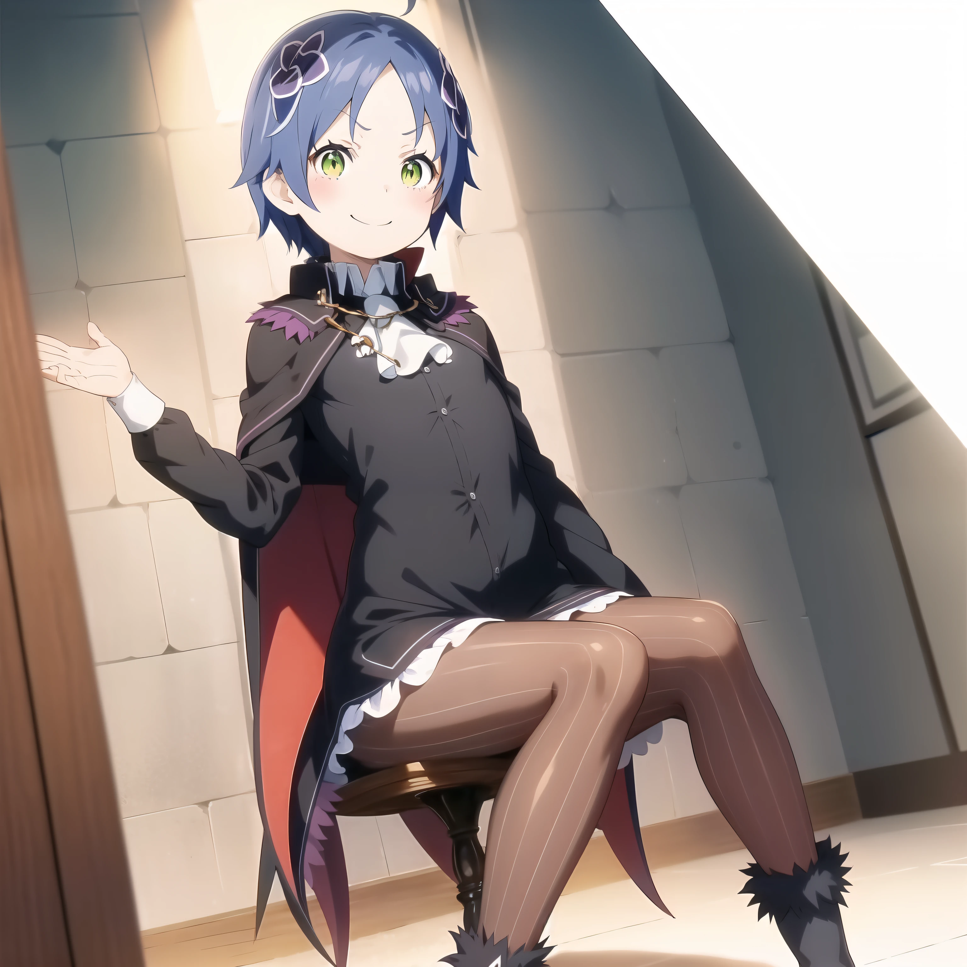 Anime Screencap 1 Girl, Alone, Hair Ornaments, PantyhoseGreen Eyes, Blue Hair, smile, boots, Cape, Short Hair, Striped PantyhoseStriped, Black Dress, null, looking at viewer, White tie,Flat chest from behind, Sit down, Looking down on
