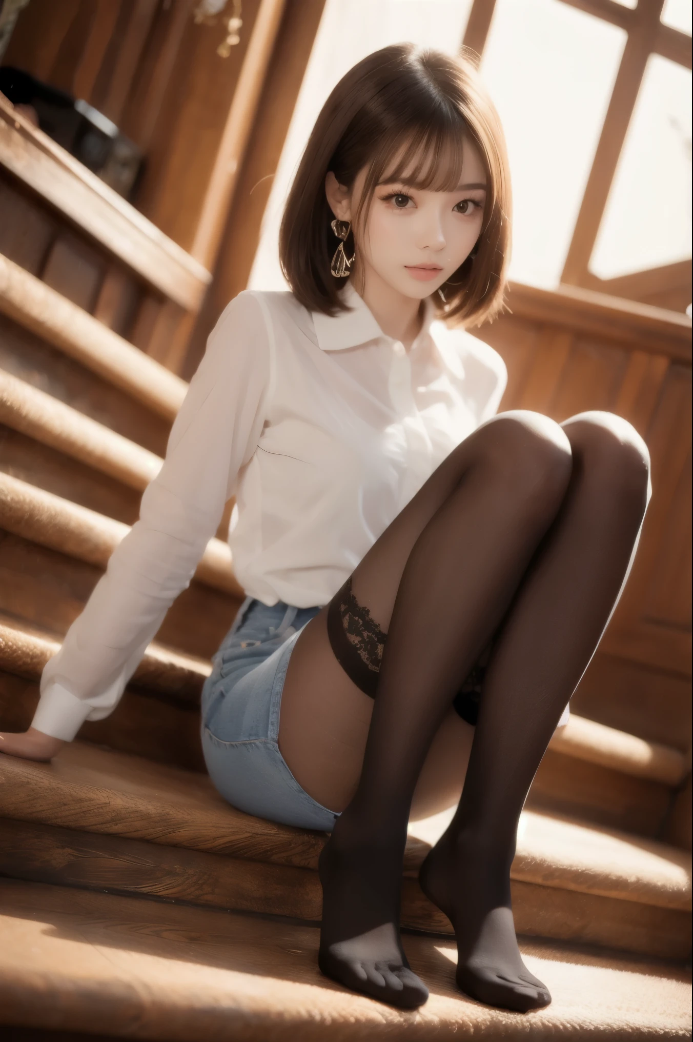 Best quality,masterpiece,1Girl,solo,sitting on stairs with hands on thighs,body,side,up,bottom-up shooting,camera close to feet,fishing net pantyhose,short hair,black earrings,feet,black stockings,