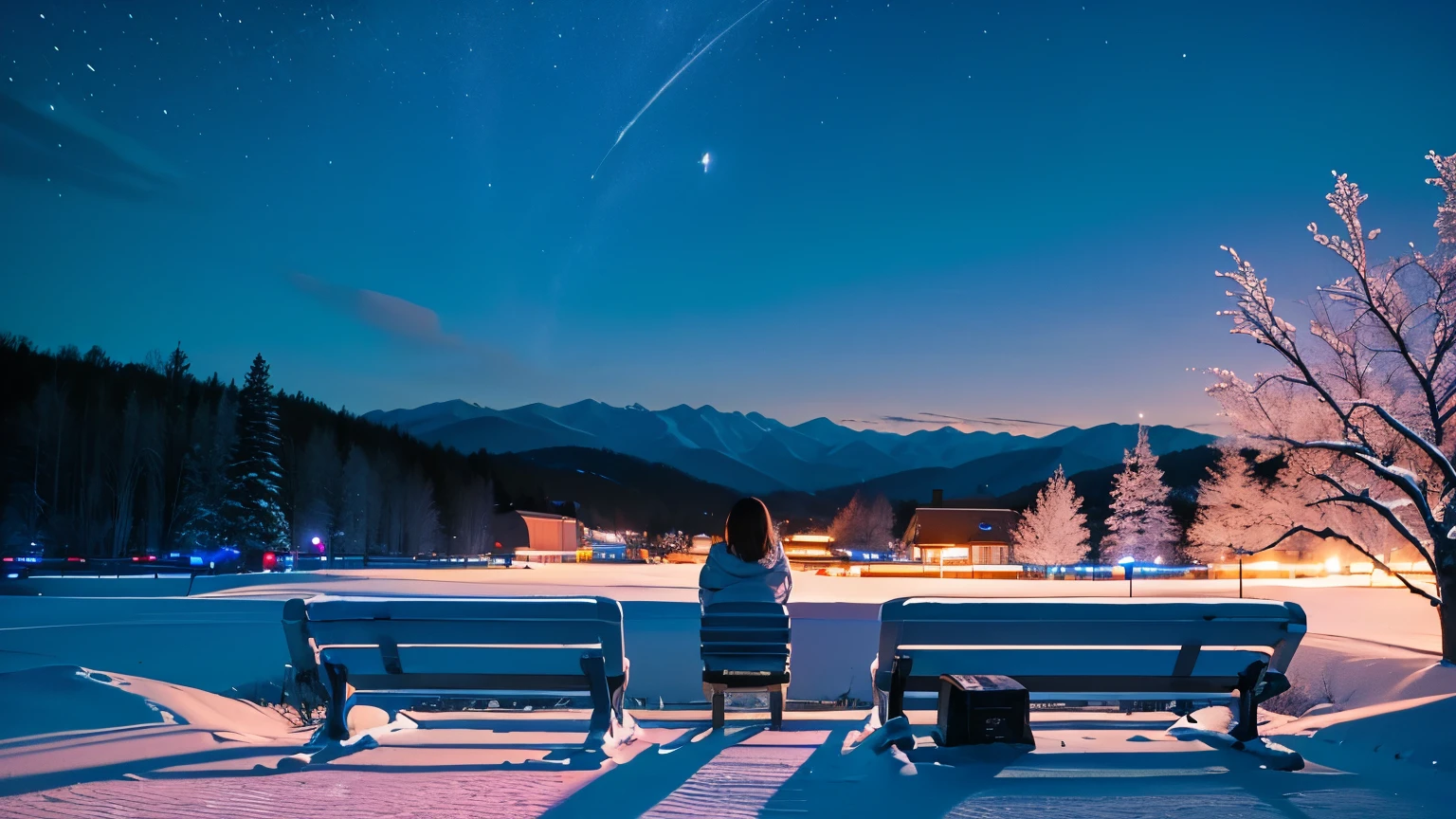 Powder Snow、Night Sky、bench、High image quality、alone