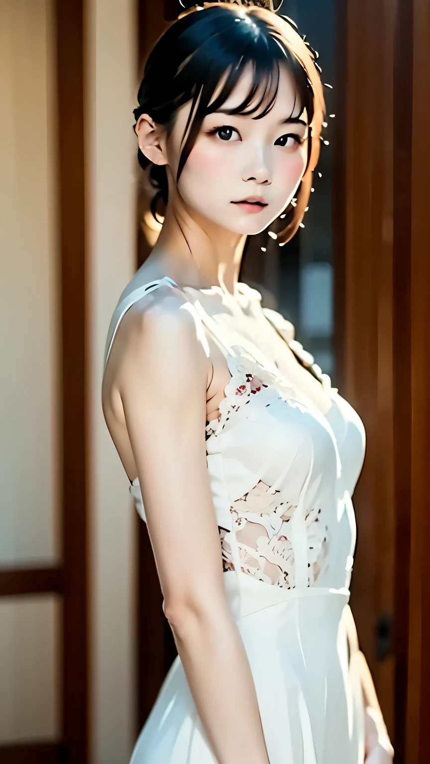 Female adventurer, whole body, Game Art Style, (masterpiece),  最high quality高解像度, 4K, 8k, Detail view, Intricate details, Cinema Lighting, high quality, 1 person、Elegant red and white lace style dress、A dress made of intricate and artistic red and white lace、Beautiful dress、Super Luxury Dress、Beautiful black hair, Great shade, Soft lighting, To the camera, Perfect Eyes