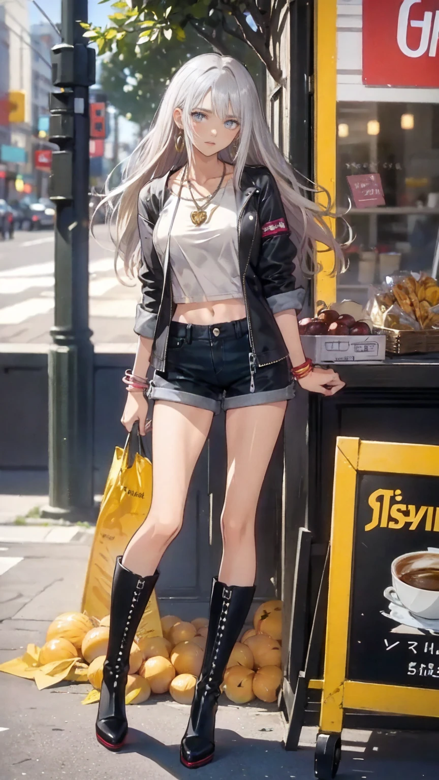 (masterpieceThe best quality, Very aesthetic absurdres), One girl, Perfect body, Anatomically correct, 

20 years old, Japanese gal apparel shop staff, Standard Height, break ((Sunburned skin:1.3)), Blonde Hair, Long Hair, Blunt bangs, Wavy Hair, break (Grey Eyes:1.3), Attractive thighs, Medium sized breasts with lots of piercings, Silver chain necklace, Silver Bracelet, Bare navel, break Autumn outfits, Fashion Snap, (), Cropped lace detail top（black）, Denim shorts, Black heeled knee boots, 

looking at viewer, smile, Dynamic Angle, Dynamic pose, (whole body), 

break coffee shop, table, , Park, tree々, Sidewalk, 低tree, city, 

break portrait shot, Shallow depth of field(Bokeh:1.3), Blurred Background, 85mm lens, Out of focus light in the background, high quality, detailed,