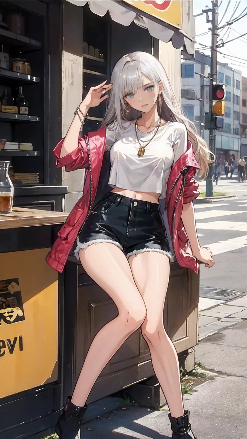 (masterpieceThe best quality, Very aesthetic absurdres), One girl, Perfect body, Anatomically correct, 

20 years old, Japanese gal apparel shop staff, Standard Height, break ((Sunburned skin:1.3)), Blonde Hair, Long Hair, Blunt bangs, Wavy Hair, break (Grey Eyes:1.3), Attractive thighs, Medium sized breasts with lots of piercings, Silver chain necklace, Silver Bracelet, Bare navel, break Autumn outfits, Fashion Snap, (), Cropped lace detail top（black）, Denim shorts, Black heeled knee boots, 

looking at viewer, smile, Dynamic Angle, Dynamic pose, (whole body), 

break coffee shop, table, , Park, tree々, Sidewalk, 低tree, city, 

break portrait shot, Shallow depth of field(Bokeh:1.3), Blurred Background, 85mm lens, Out of focus light in the background, high quality, detailed,