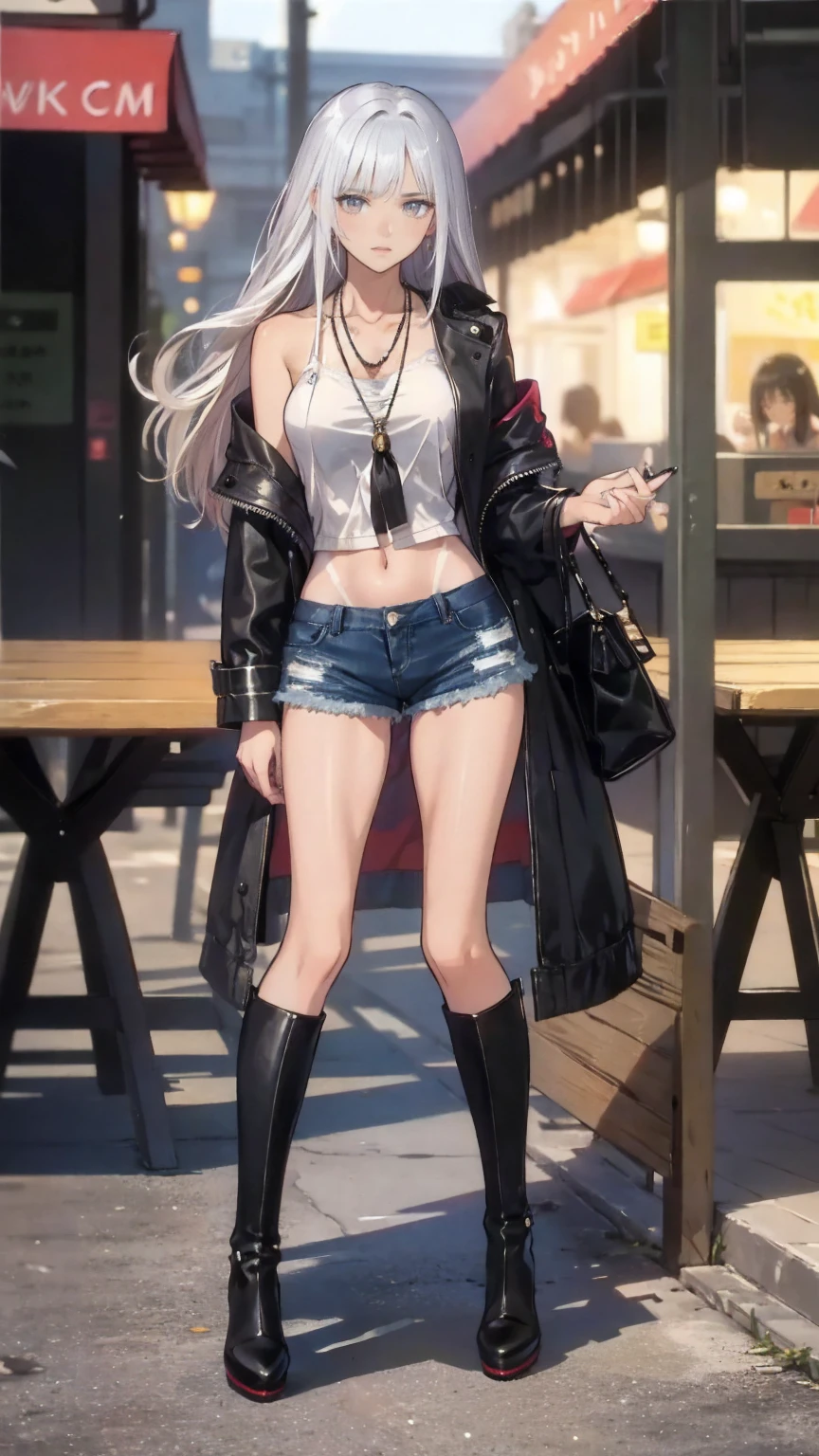 (masterpieceThe best quality, Very aesthetic absurdres), One girl, Perfect body, Anatomically correct, 

20 years old, Japanese gal apparel shop staff, Standard Height, break ((Sunburned skin:1.3)), Blonde Hair, Long Hair, Blunt bangs, Wavy Hair, break (Grey Eyes:1.3), Attractive thighs, Medium sized breasts with lots of piercings, Silver chain necklace, Silver Bracelet, Bare navel, break Autumn outfits, Fashion Snap, (), Cropped lace detail top（black）, Denim shorts, Black heeled knee boots, 

looking at viewer, smile, Dynamic Angle, Dynamic pose, (whole body), 

break coffee shop, table, , Park, tree々, Sidewalk, 低tree, city, 

break portrait shot, Shallow depth of field(Bokeh:1.3), Blurred Background, 85mm lens, Out of focus light in the background, high quality, detailed,