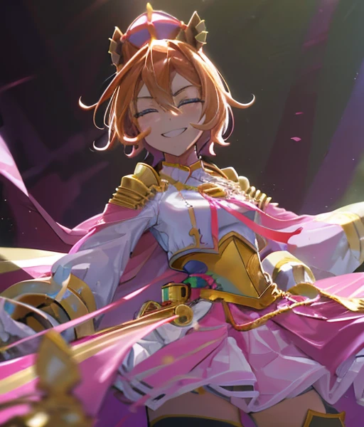 an anime girl dressed in pink and golden colored clothing standing, 1girl, Alone, horse tail, animal ears, horse ears, tail, thighhighs, horse girl, skirt, crown, gloves, short hair, white thighhighs, stairs, white gloves, looking at viewer, smile, mini crown, shirt, pink cape, holding an electric guitar while playing it, stage　There is a golden horse🐎　Riding a golden horse🐴　It&#39;s autumn and the leaves are blowing wildly.🍁　Riding a blonde thoroughbred🐎
