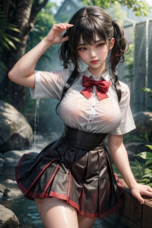 steam , wet and sweaty , Nipples can be seen through , wet white shirt , rain