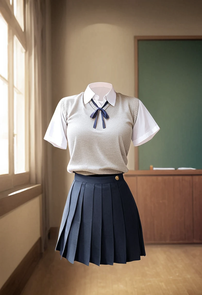 "Create an image of a school uniform outfit displayed in a classroom setting. The outfit consists of a grey V-neck sweater over a white-collared shirt paired with a dark pleated skirt. The classroom is typical, with desks and chairs, a chalkboard in the background, and light coming through the windows. The uniform is floating, as if worn by an invisible figure, with no visible body or head."
