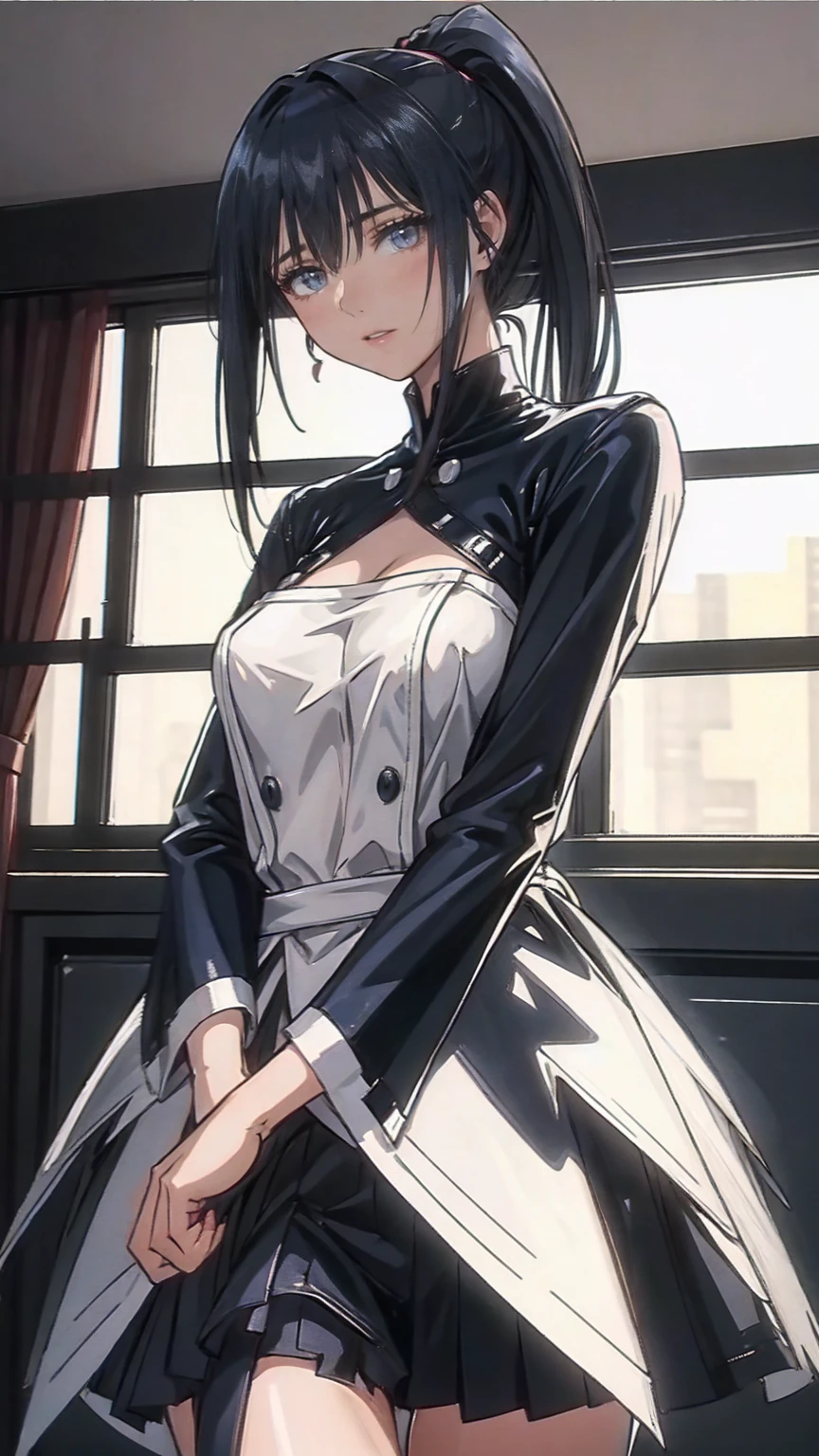 (masterpiece:1.2, top-quality, ultra high res, ultra detailed), (realistic, photorealistic:1.4), beautiful illustration, (natural side lighting, movie lighting), depth of fields, colorful,
looking at viewer, (full body, front view), 1 girl, maid, 20 years old, expressive eyes, perfect eyes, perfect face, (perfect anatomy), cute and symmetrical face,
(short hair:1.2, straight hair:1.2, brown hair), bangs, blue eyes, long eye lasher, (medium breasts), perfect balance, white skin, shiny skin, slender, bottomless,
beautiful hair, beautiful face, beautiful detailed eyes, beautiful clavicle, beautiful body, beautiful chest, beautiful thigh, beautiful legs, (detailed cloth texture),
(((closed shirt), puffy sleeves, long sleeves, black shirt, black long skirt, maid headdress, white short gloves, white short socks, black ta shoes, white panty)),
(beautiful scenery), evening, (living room minimalist), standing, spread arms, arms bontage, (look down on with disdain, innocent big eyes:1.0, close mouth),
