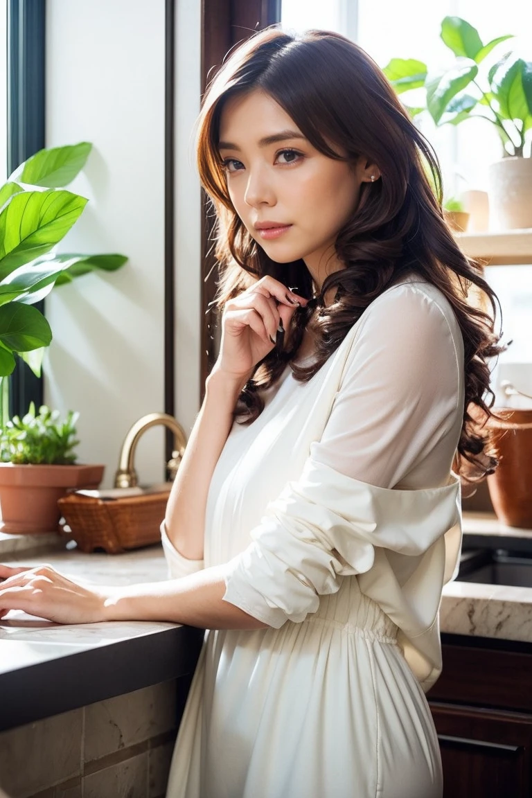 (Photorealism:1.2), Beautiful woman, Greeting the morning in the kitchen, Coffee cup in hand, wear , good, underwear, Long Curly Hair, indoor, Soft lighting, Background plants, Window and sunlight, 居心地のgood部屋, Relaxed pose, Realistic, Intricate details, Warm colors, By Greg Rutkowski, By Alphonse Mucha