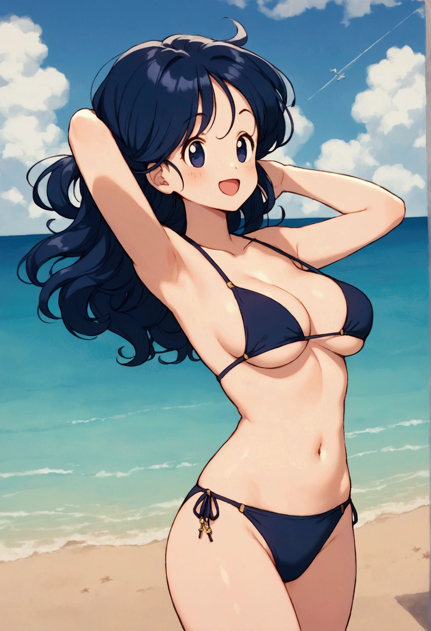 (masterpiece, Highest quality:1.2), naked,One girl, Mokoko Avisgard, In-person audience, Hair Clip, hair band, One piece swimsuit, Beach, blush, cute, Place your hands behind your head, 