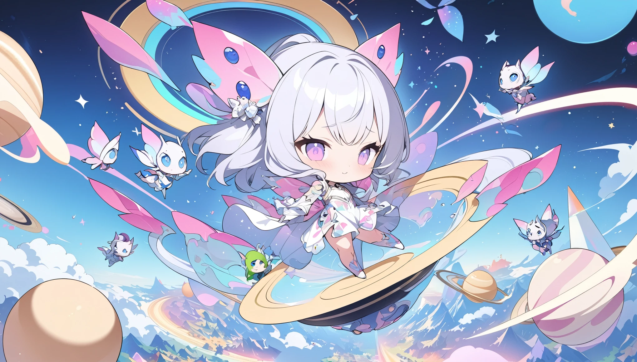 fantasy world that combines flower-punk and gem-punk, kawaii, cute magical girl, silver two side twin bun silky straight with blunt bang, cute lazy look, blue big eyes, glamorous proportions, wearing magical girl costume with a large opening at the chest, background distorted space from another dimension, cute little devils, conceptual installation art, (ultra detailed, absolutely resolution, best quality:1.3), 2.5D, delicate and dynamic effects, foggy filter effects, iridescent glitter effects, artistic, hyper, graphic CG digital fantasy art
