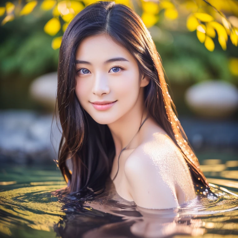 Symmetrical, High Detail RAW Color Photo Professional Close-Up Photo, [:( High Detail Face: 1.2): 0.1], (PureErosFace_V1: 0.8), Double tail, half body, pores, real skin, breast focus, straight up, an 18 year old woman under a waterfall, body in contact with water and ripples around, clear clean water, shining eyes, looking at the audience, wet clothes, transparent clothes, wet body, wet hair, Tyndall effect, lens flare, shadow,, bloom, natural lighting, hard focus, film grain, photographed with a Sony a9 II Mirrorless Camera, by Laurence Demaison