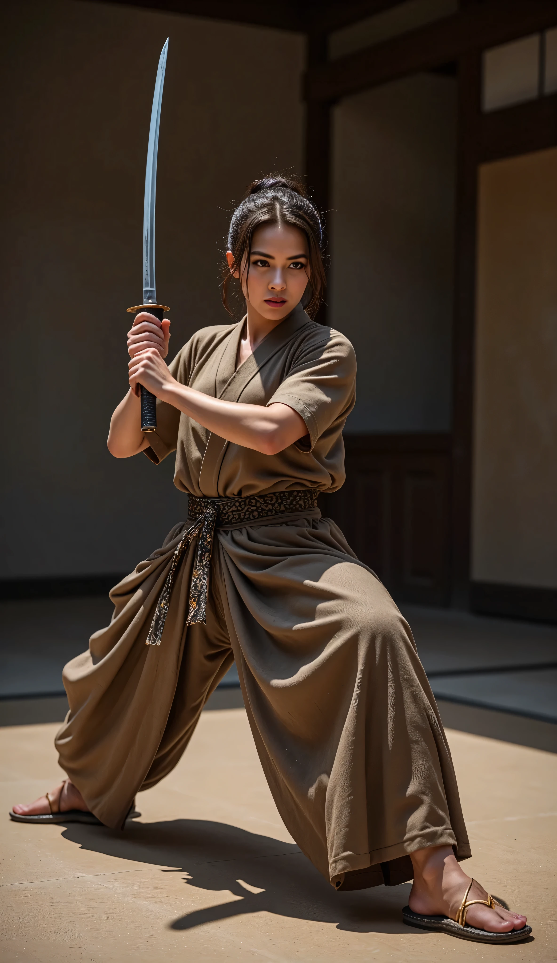 1 Japanese female samurai, solo, wearing a kimono and hakama, straw sandals, gripping a razor-sharp Japanese katana with a long, meticulously honed blade, performing an elegant sword dance, (best quality, 4k, 8k, highres, masterpiece:1.2), ultra-detailed, (realistic, photorealistic, photo-realistic:1.37), traditional japanese art, intricate details, dramatic lighting, muted color palette, cinematic composition, dynamic pose, intense focus, flowing fabric, clean lines, disciplined expression