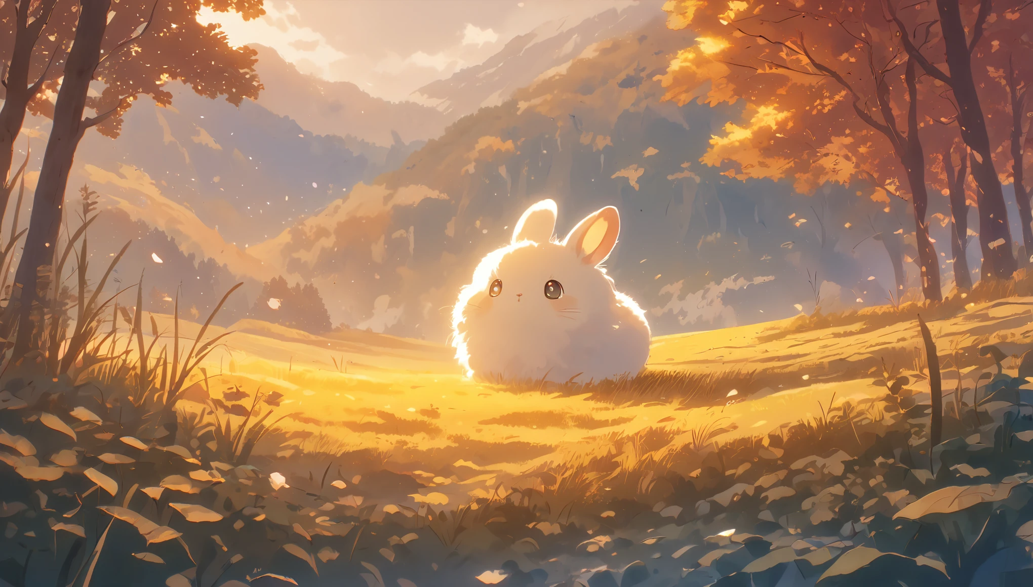 Create a close-up, animated illustration of a fluffy bunny sitting in a field . Emphasize the soft fur, big eyes, and twitching nose of the bunny. The background should be a gentle, highlighting the cuteness and innocence of the babyny, by makoto shinkai, anime beautiful peace scene, beautiful anime scene, anime background art, anime landscape wallpaper, anime countryside landscape, anime art wallpaper 4 k , anime art wallpaper 4k, beautiful anime scenery, anime art wallpaper 8 k, amazing wallpaper , Ultrawide cozy, Autumn , Fall, Forest
