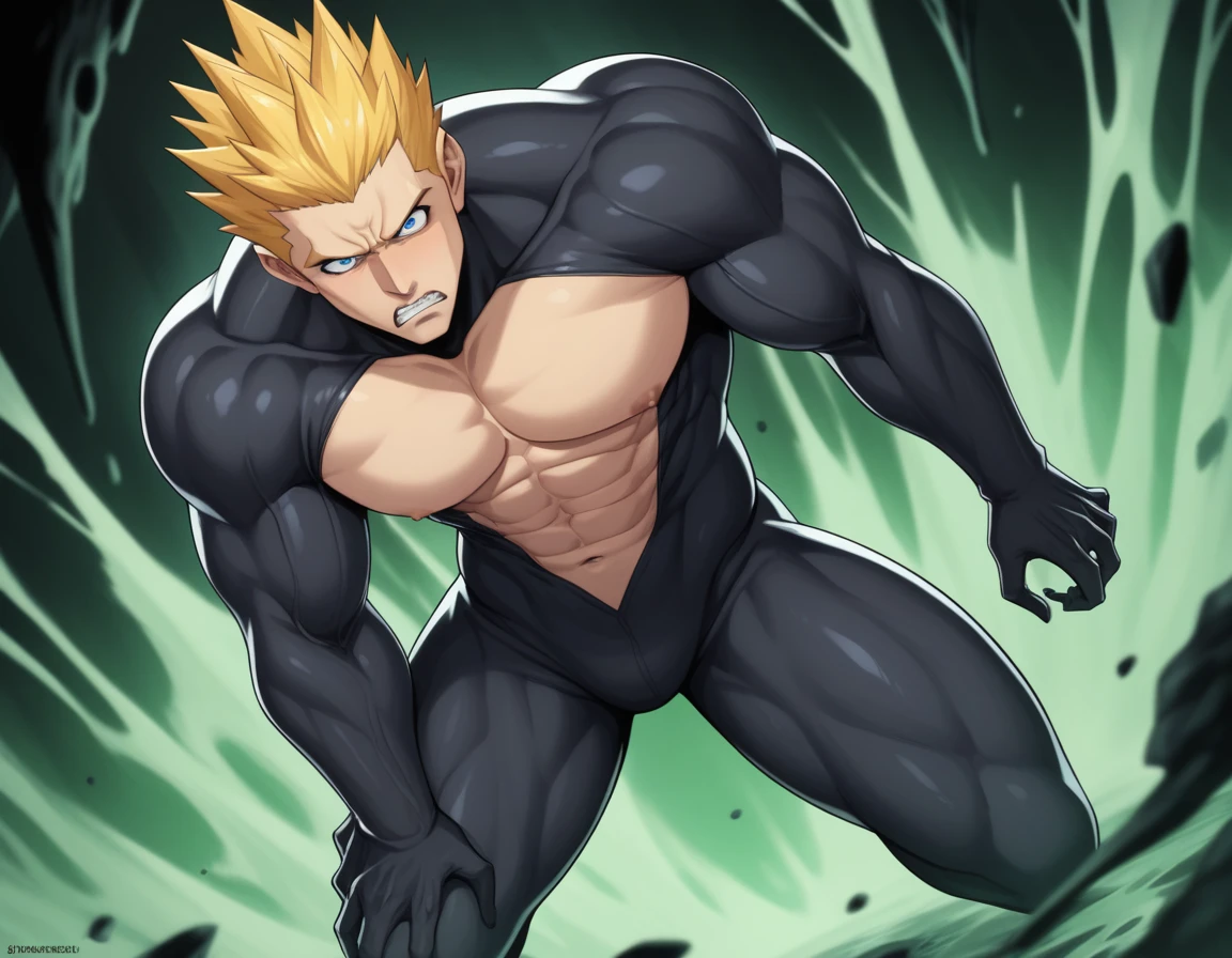 score_9, source_anime, rating_explicit, score_8_up, score_7_up, score_6_up, score_5_up, score_4_up, BREAK symbiote bodysuit parasitize, transform tar bodysuit, many tar dripping on body, body fuse in tar splash, tar swamp surrounded, BREAK 1man, solid dude, gallant beau, blonde, tsurime, sanpaku, blue eyes, crewcut, forehead, 30yo, great muscular, hot wrestler, stocky waist, spiked hair, BREAK ideal ratio body proportions, masculine playboy, toned body, elder chinpira, wild caucasian, tough yarichin, naked adult, slightly plump waist, sharp eyes, dark iris, BREAK solo, forced orgasm, resist gel trap, moan, ecstasy, BREAK precum, creature sex, black goo absorption anal, leg grab, deep penetration, BREAK captured in black gel trap, BREAK black goo grab anatomy, black gel monster, black hell, black background, BREAK fullbody, erotic expression, BREAK 1990s, in capcom art style, in color comic style, bara keyvisual, BREAK depth of field, dutch angle, cinematic shadows, cinematic lighting, texture, absurdres absolutely resolution, extreme all detailed, BREAK masterpiece, best quality