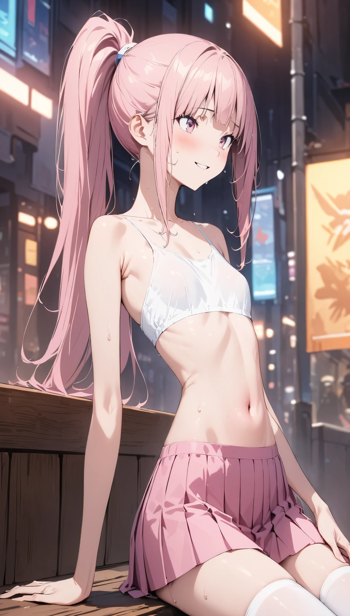 (((masterpiece))) ((( background : backstage : night light : backstage crew : high quality : detail ))) ((( character : Ryu Sujeong : fit body : small breast : smooth long pinkish blonde hair with bang : sitting on a bench : taking a break : smiling : talking to other crew : relief , sweats ))