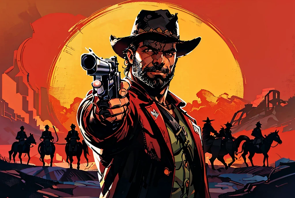 “Generate a high-quality, dramatic poster of a rugged cowboy with a thick beard, wearing a black wide-brimmed hat and a red coat, inspired by the Red Dead Redemption II aesthetic. The cowboy is holding a revolver aimed directly at the viewer with intense focus, showcasing a determined expression. Behind him, a large, glowing orange-yellow sun sets over a group of horse riders silhouetted in the distance, riding across a barren, rugged landscape. The color palette emphasizes bold reds, deep blacks, and fiery oranges, with strong contrast and thick outlines. The style should evoke a sense of the American Wild West, with a vintage, hand-painted poster vibe, capturing the gritty atmosphere of the game. Hyper-realistic details in the textures of the cowboy’s face, beard, and clothing. Epic composition, strong lighting, and dynamic shadows.”
Palavras-chave/ativação: cinematic, epic, western, vintage, rugged cowboy, revolver, sunset, orange-yellow sky, riders, silhouette, detailed face.

Gatilhos: poakl, More Detail, ultra-detailed, 8k resolution, photorealistic.