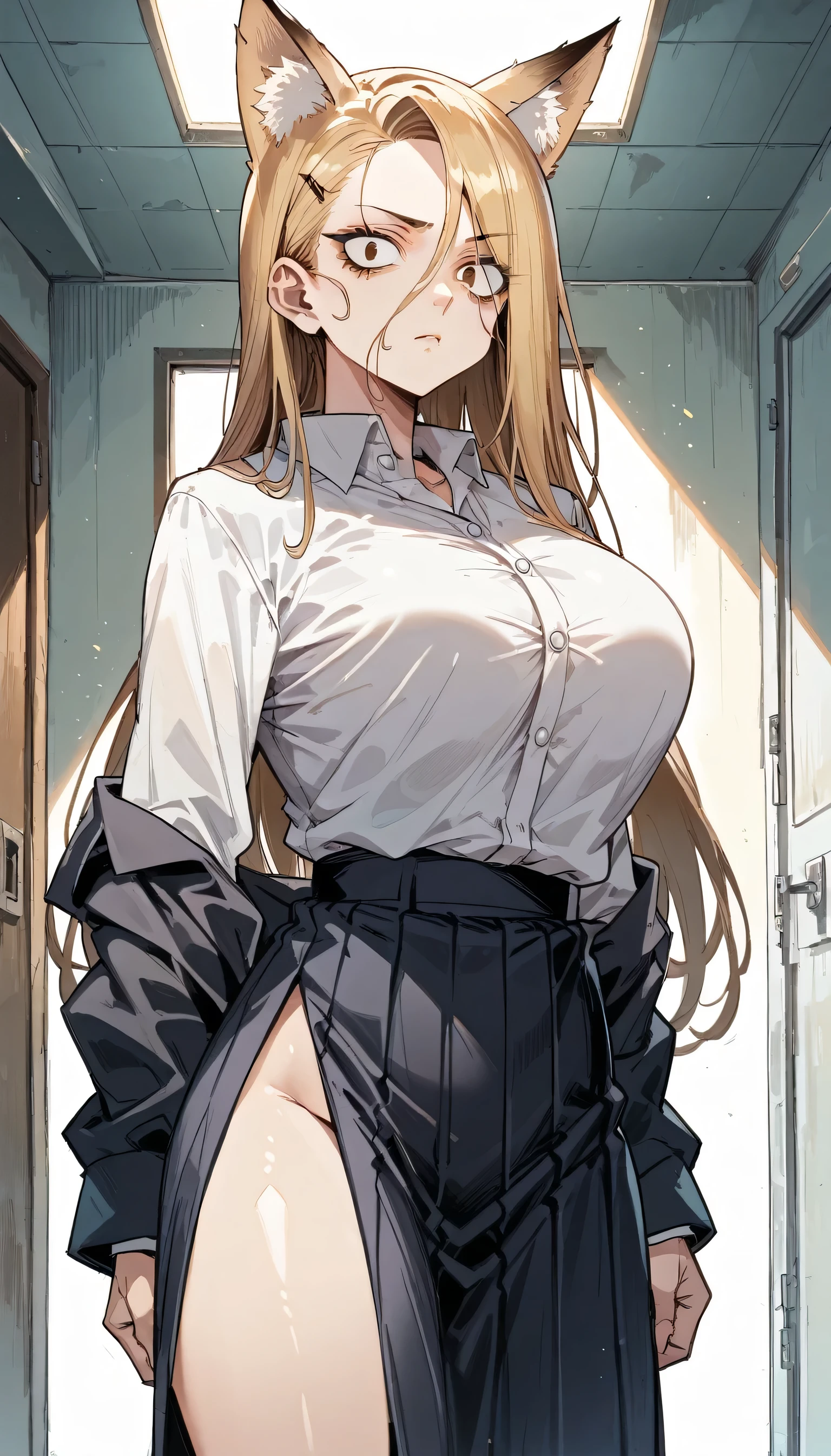 Cold Stare,(hi-quality,high resolution),((Fox Ears)),(((forehead,asymmetrical hair))),((((very turime,long slit eyes)))),(school uniform),(((oblong face))),((big breasts)),(((very narrow eyes)))((Clear Eyes,Perfect Eyes,brown eyes)),((clear lines)),Blonde,Long Hair,Old room,Delinquent Girl,gal, clothes are exposed,((anime)),((cowboy shot)),from front