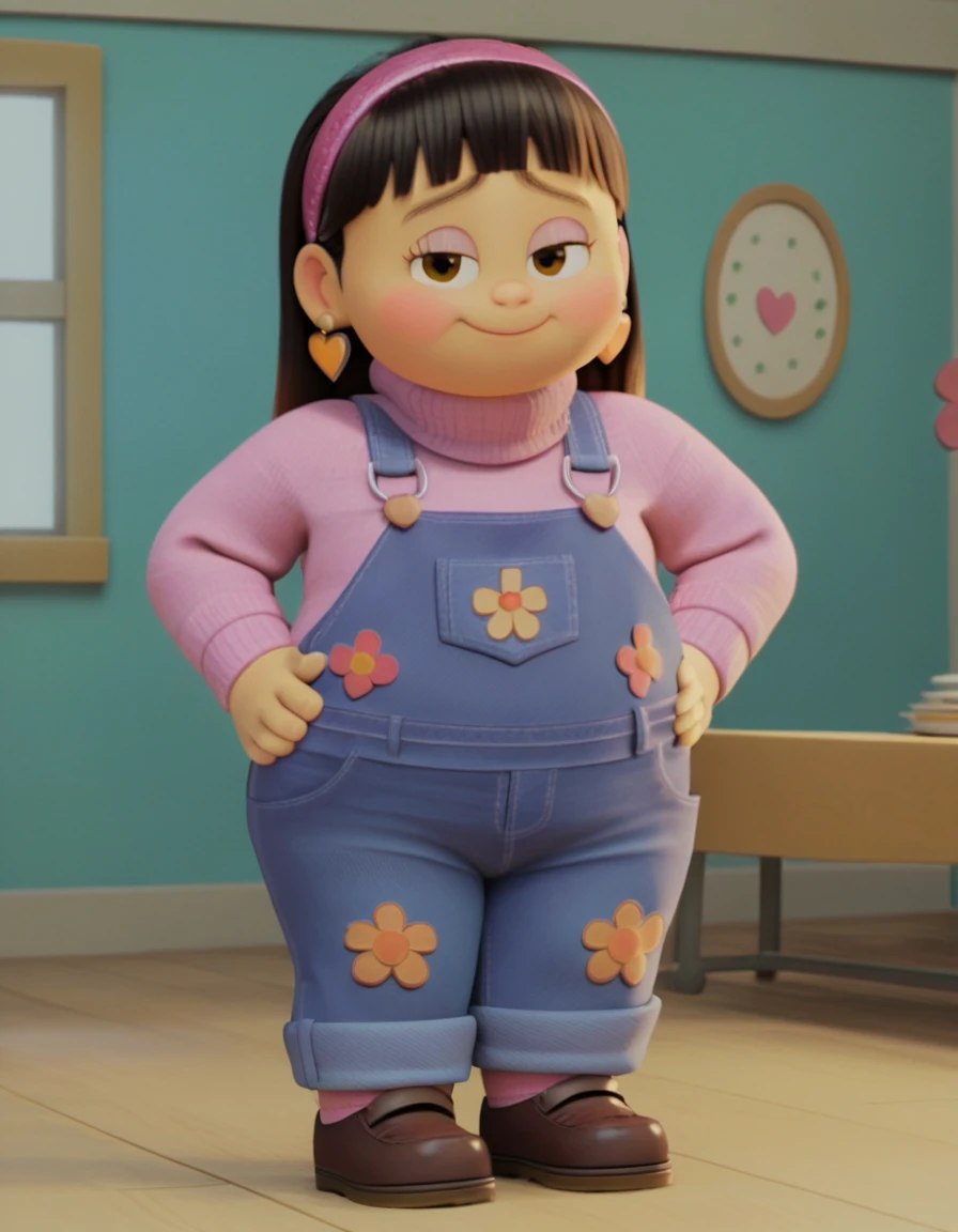 Abby_Park, zpdxl, zPDXLxxx, shy, blushing, narrowed eyes, light smile,

Chubby, plump, fat body, long black hair, hair with bangs, brown eyes,hair band, heart earrings, overalls, pink sweater, Full body,

score_9, score 8, score 7, score 6,

1 girl, flat chest, source_cartoon, toony, screencap, 3d, 

looking at the viewer, in school, standing, hands on hips,