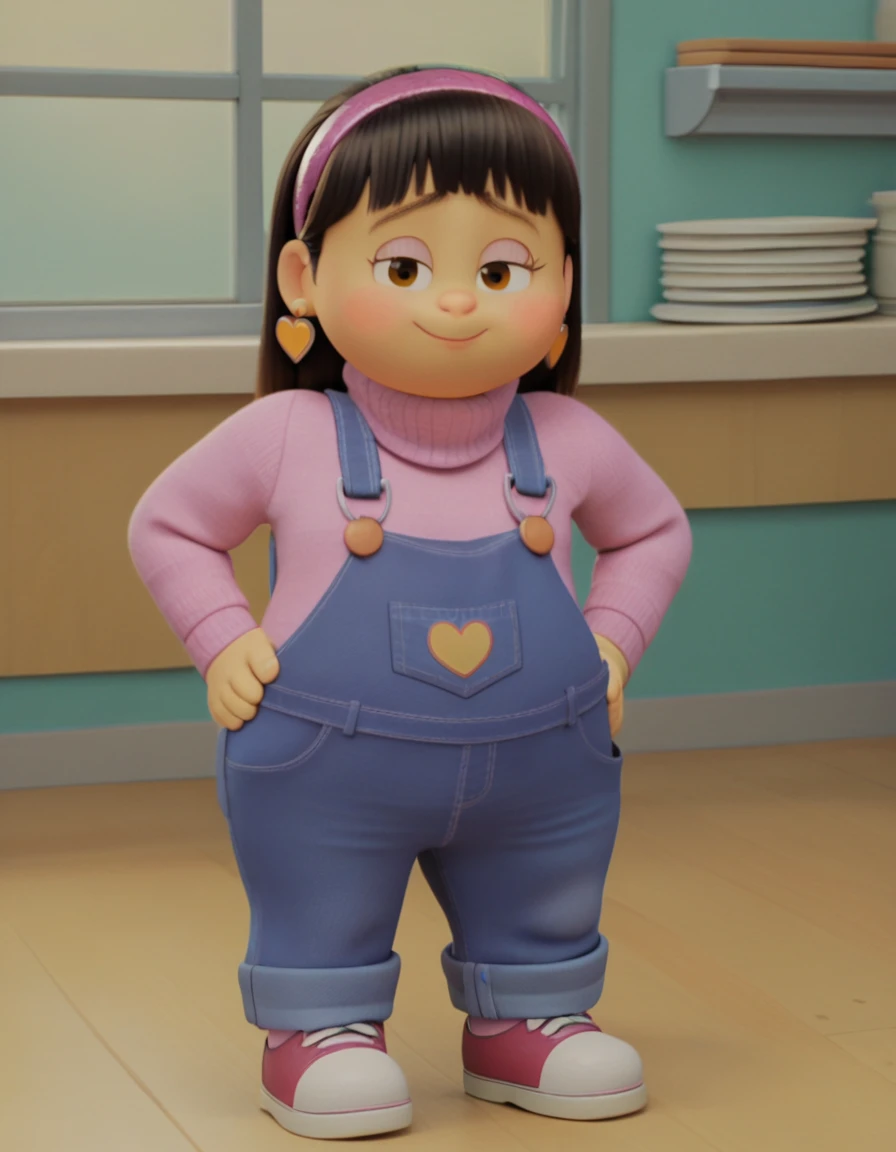 Abby_Park, zpdxl, zPDXLxxx, shy, blushing, narrowed eyes, light smile,

Chubby, plump, fat body, long black hair, hair with bangs, brown eyes,hair band, heart earrings, overalls, pink sweater, Full body,

score_9, score 8, score 7, score 6,

1 girl, flat chest, source_cartoon, toony, screencap, 3d, 

looking at the viewer, in school, standing, hands on hips,