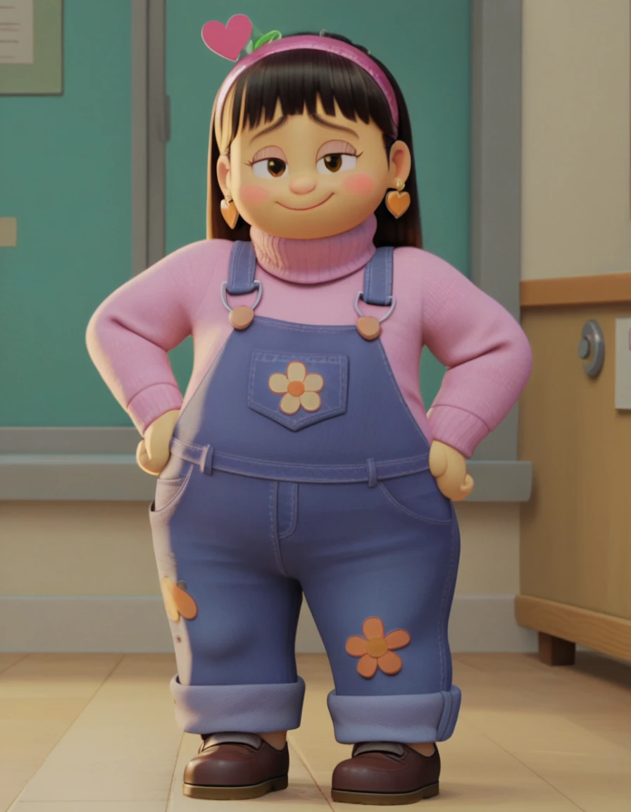 Abby_Park, zpdxl, zPDXLxxx, shy, blushing, narrowed eyes, light smile,

Chubby, plump, fat body, long black hair, hair with bangs, brown eyes,hair band, heart earrings, overalls, pink sweater, Full body,

score_9, score 8, score 7, score 6,

1 girl, flat chest, source_cartoon, toony, screencap, 3d, 

looking at the viewer, in school, standing, hands on hips,