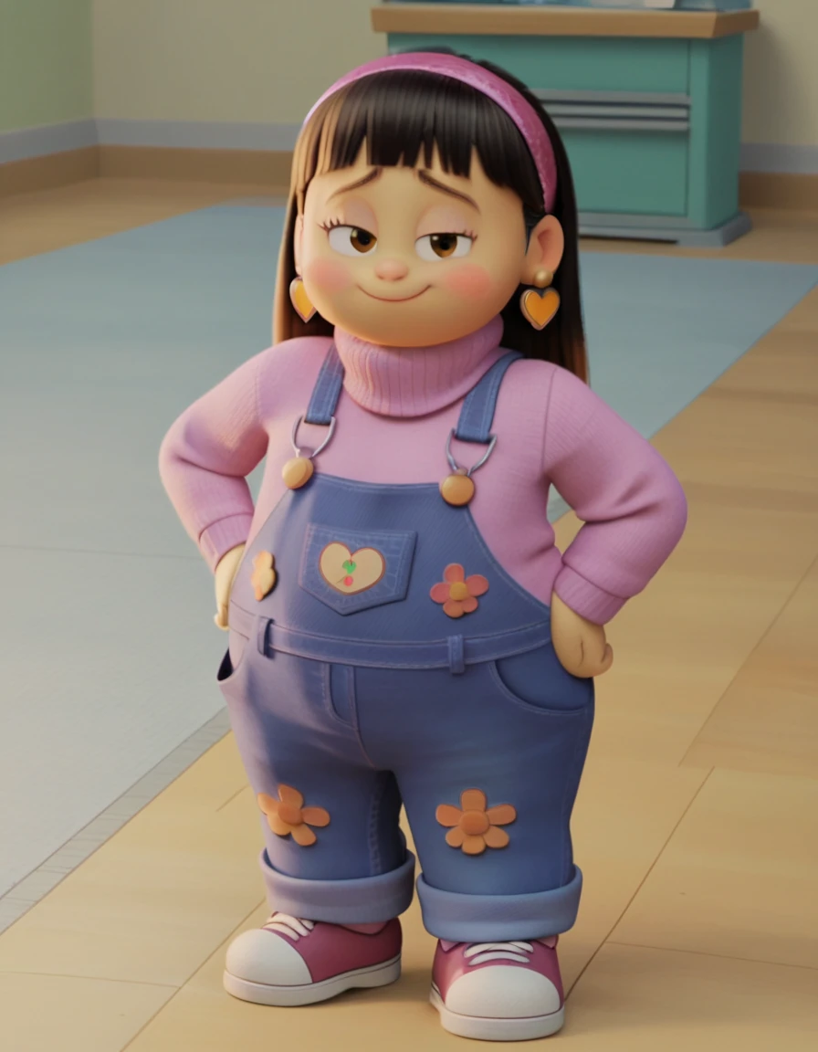 Abby_Park, zpdxl, zPDXLxxx, shy, blushing, narrowed eyes, light smile,

Chubby, plump, fat body, long black hair, hair with bangs, brown eyes,hair band, heart earrings, overalls, pink sweater, Full body,

score_9, score 8, score 7, score 6,

1 girl, flat chest, source_cartoon, toony, screencap, 3d, 

looking at the viewer, in school, standing, hands on hips,