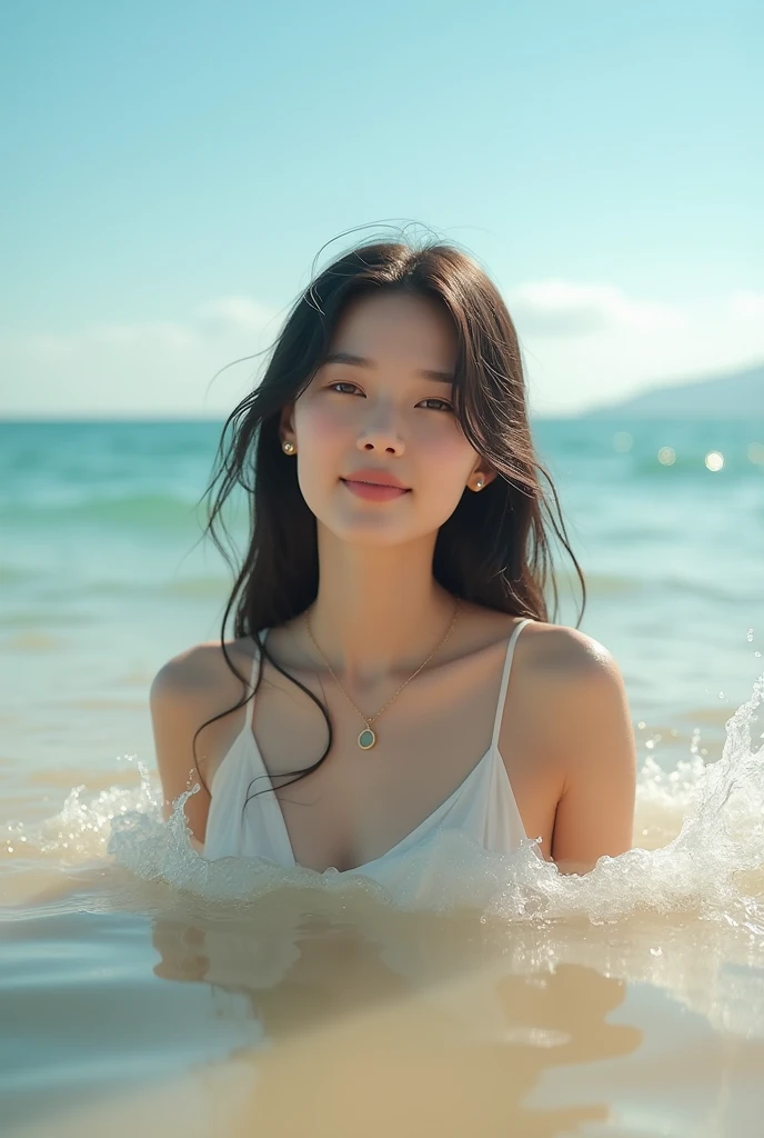 A sexy Japanese woman with long hair is eating rice.、A close-up of her chest and calm expression.、It shows her inner peace and outer charm.。The background is a summer sea.。