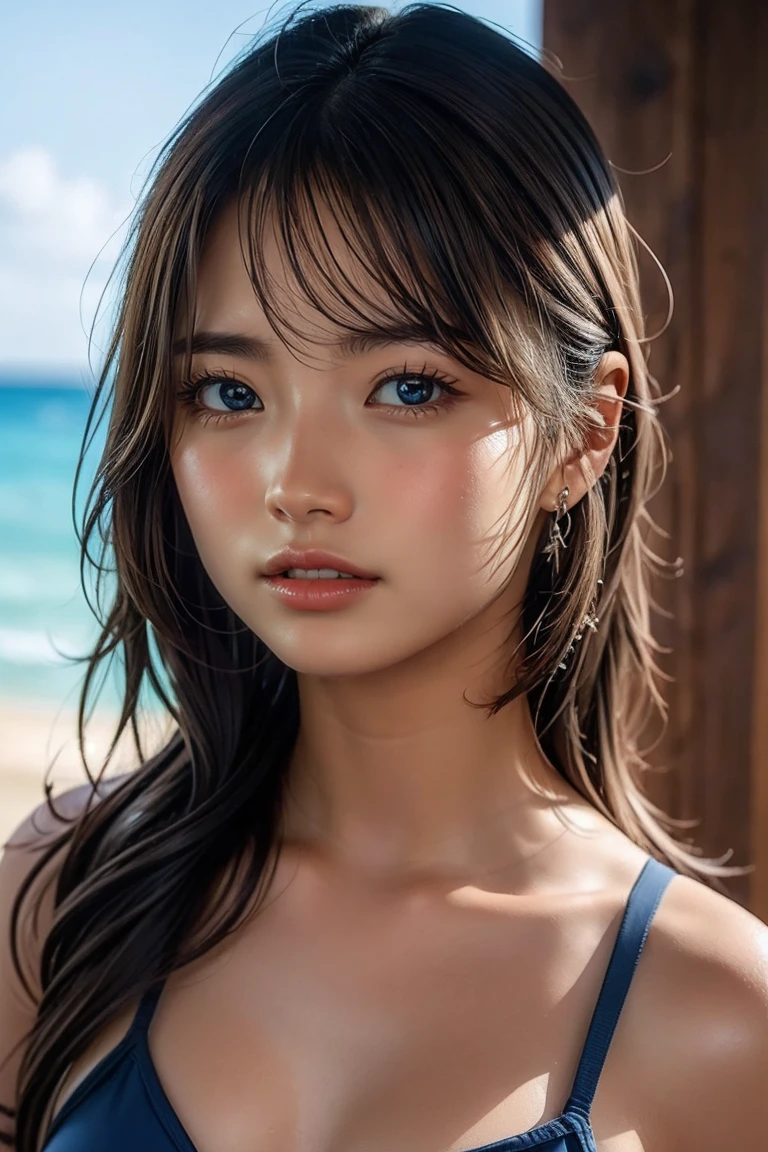 (Best Quality, 8k, 32k, Masterpiece, UHD: 1.2), Cute Japan Woman Pictures, 1 Girl, (Big), (Tall Women), (Abs), (Lips), Closed Mouth, (Medium Short Golden Hair), Double Eyelids, Wet Skin, T-Back, Realistic Rays, Beach