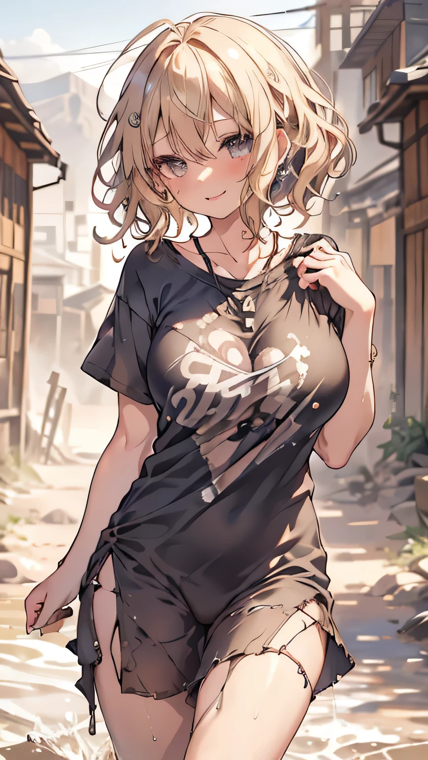 masterpiece, 1 girl, sparrow, a blonde haired girl, casual clothes, curly short hair, messy hair, slim body, he close her left eye, ruby eyes, ahoge, , beautiful eyes, droopy eyes, her age is 19, nagisa_bluearchive, seductive face, short hair, seductive smile, curly hair, MongolPunkAI, huge breasts, view very close, she tease you, she very close to you, smug smile, rainbow_one, pussy, crocth tattoo, necklace, erotic smile, NSFW, pigtail, half open eyes, blushes, open mouth, mouth full of sperm, rounded breasts, t shirt, oversize shirt, no bra, nipple behind shirt, pussy, pussy hentai