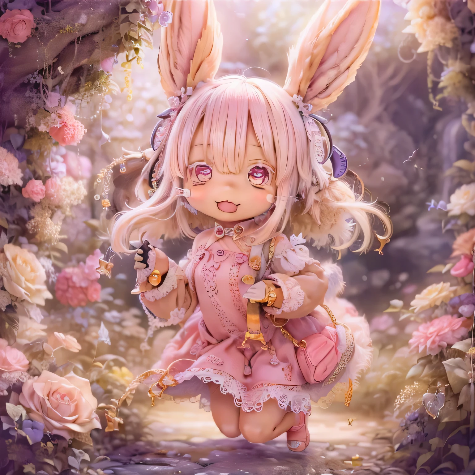 in the garden, smile, Similar to Nanachi from Made in Abyss. She is beautiful, Beautiful eyes and lips.  (((Chibi Style,))) . Image quality is excellent, Highly detailed and realistic features. The medium of this work is、Combining illustration and photorealistic rendering.. The colors are vivid、The lighting creates a warm and bright atmosphere。 whole body(((((Cute pink dress)))))Contrasting cute poses