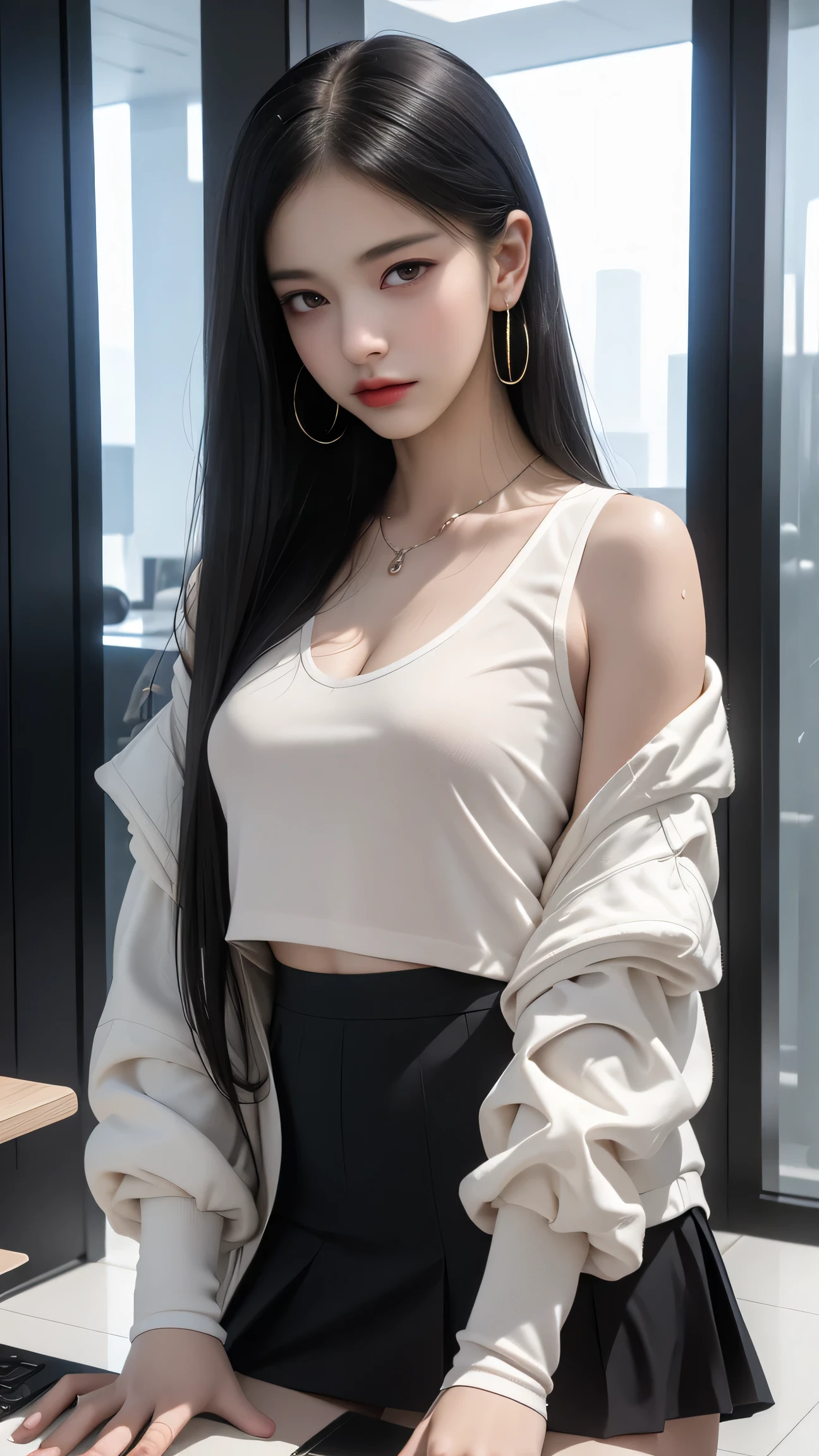 masterpiece、top-quality)、1 beutiful girl、Slim body、(Black and white plain clothes:1.1)、(Detailed beautiful eyes)、Walking through the store、((Brown Shorthair))、((Smaller face))、tall、((Light brown eyes))、((Korean Girl))、((cool lady))、((Wild look))、((Korean Makeup))、((elongated and sharp eyes))、((Dating))、((looking distantly))、((boyish))