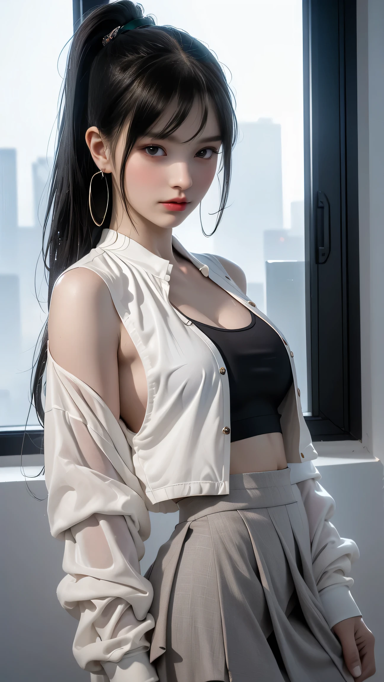 photorealistic, high resolution, soft light,1women, solo, hips up, (detailed face), jewelry, tattoo,black mafia clothing, ponytail hairstyle, black hair, super long hair, looking viewers, tatto, messy hair, close up, small breast, adult, mafia boss girl