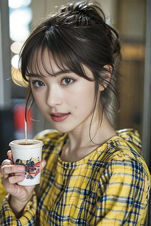 A young girl is holding a coffee cup in her hand, Girl cute beautiful face, Cute natural anime face, With a cute - lovely - face, sakimi-chan, Chiho, Yoshitomo Nara, Young and pretty face, Beautiful Japanese girl face, 茶色の髪とBig Eyes, Cute pretty girl, Beautiful light、Big Eyes