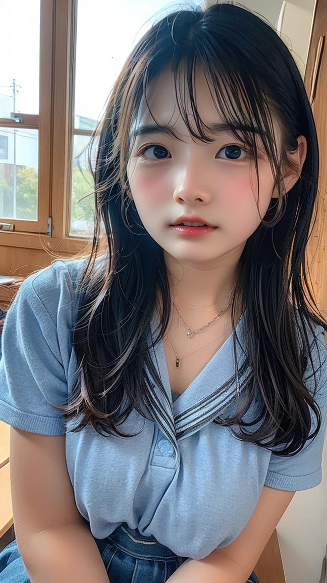 absurdres, RAW photo, extremely delicate and beautiful, masterpiece, Best Quality, ultra high resolution, 32k, hyperrealistic, ultra-detailed, 30 years old, very small head, very small face, delicate facial features, very detailed eyes and face, tearful mole, earring, very huge round breasts, medium hair, asymmetrical hair, full body shot, indoor, short skirt, (school_uniform:1.2),