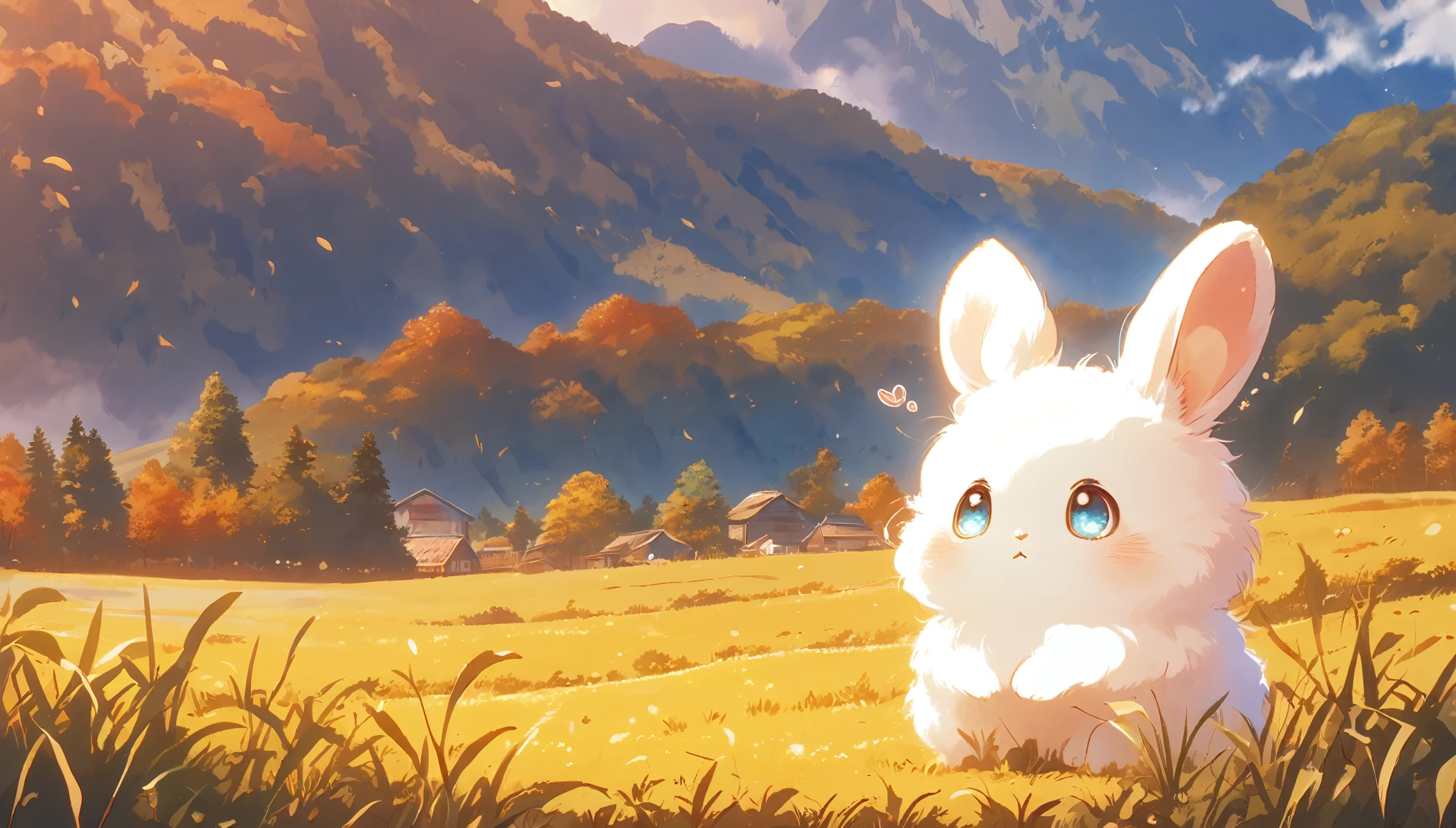 Create a close-up, animated illustration of a fluffy  bunny sitting in a field . Emphasize the soft fur, big eyes, and twitching nose of the bunny. The background should be a gentle, highlighting the cuteness and innocence of the babyny, by makoto shinkai, anime beautiful peace scene, beautiful anime scene, anime background art, anime landscape wallpaper, anime countryside landscape, anime art wallpaper 4 k , anime art wallpaper 4k, beautiful anime scenery, anime art wallpaper 8 k, amazing wallpaper , Ultrawide cozy, Autumn , Fall, Forest