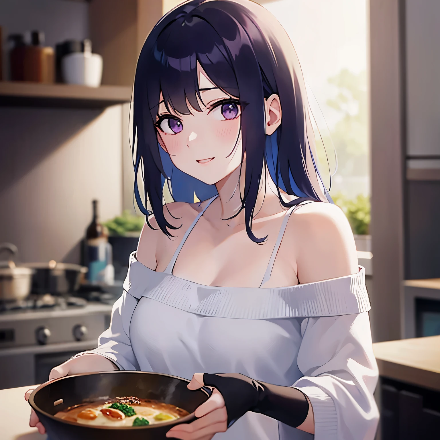 Woman in kitchen, looking at camera while cooking fancy food