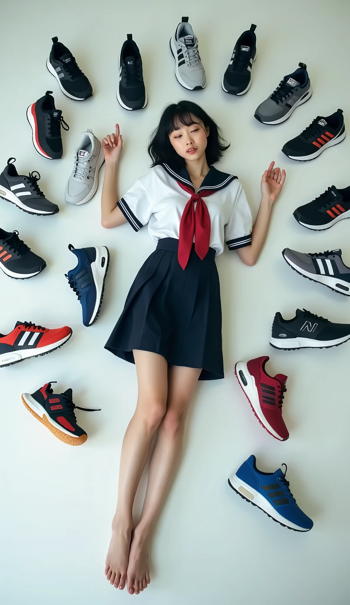 1girl, solo, sitting, shoes, looking at viewer, skirt, newspaper, sailor collar, socks, head rest, jewelry, sneakers, short hair, earrings, black hair, long sleeves, shirt, bangs, brown hair, brown eyes, full body, white socks, serafuku, school uniform, white footwear