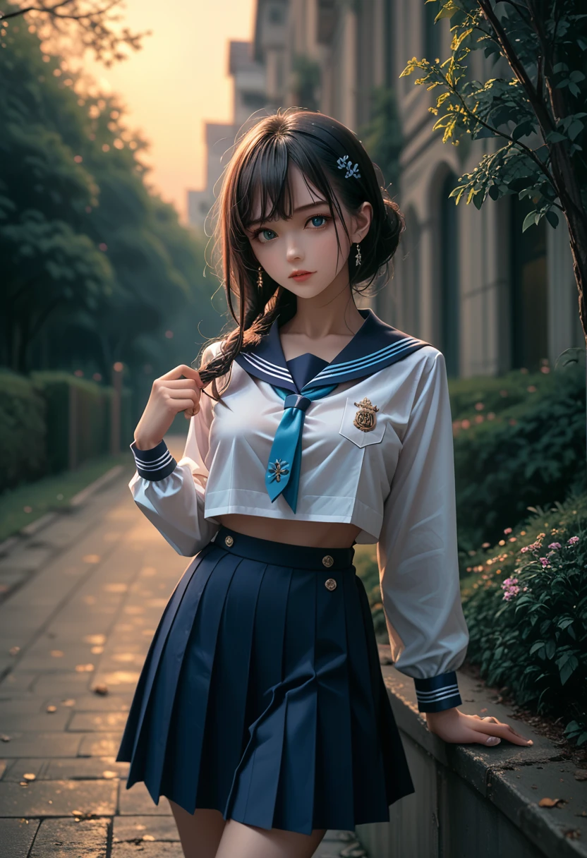 side(Azure Lane),(source),school_uniform,1 girl,One,Outdoors, looks at the viewer,, ,masterpiece, best quality, ultra-detailedillustration,