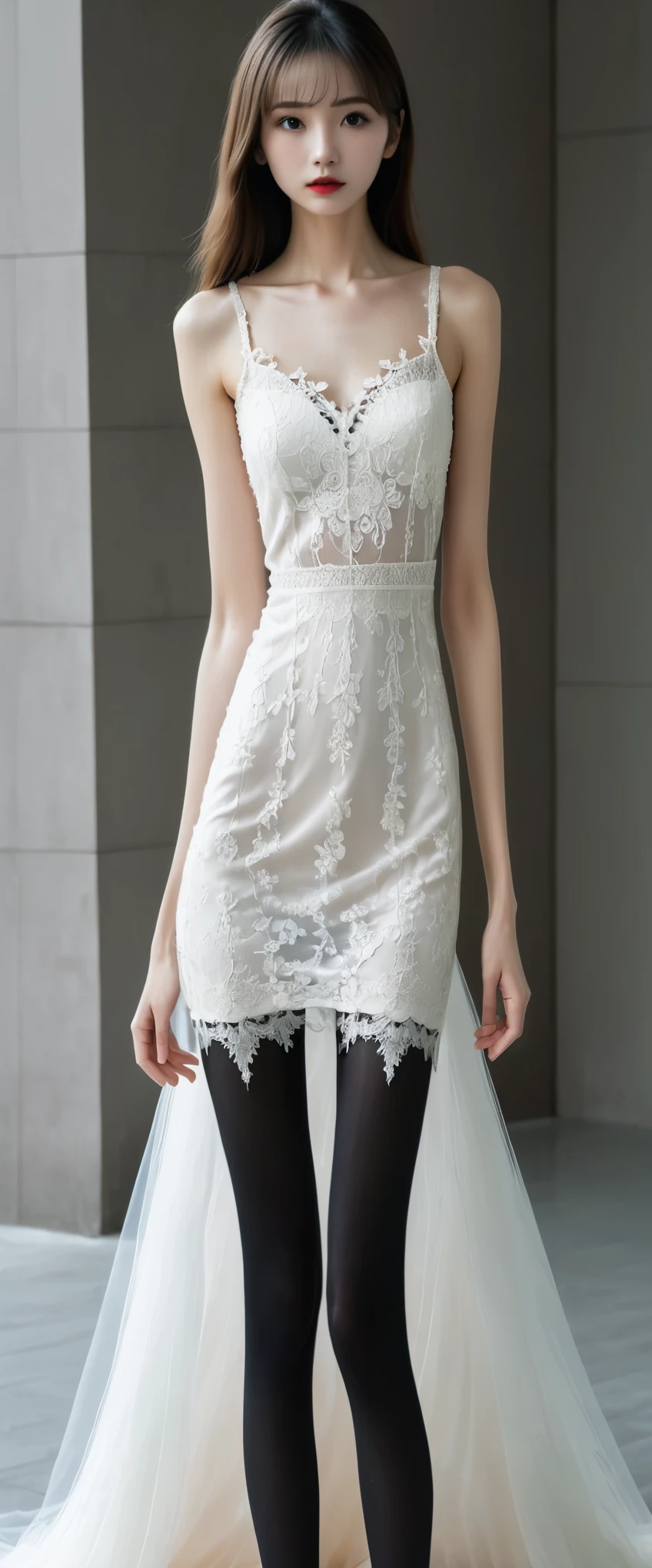 
Very Very thin (anorexia long elongated body:1.2). Very thin, Unrealistic long and slender legs in black shiny pantyhose,The upper body(white lace wedding dress:1.5),(Overall posture from head to toe:1.5). Very beautiful cute real face.