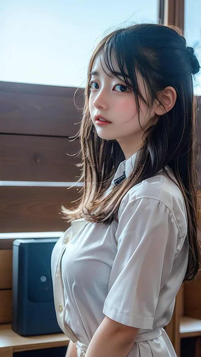 (8K、RAW Photos、Highest quality、masterpiece:1.2)、(Realistic、Photorealistic)、(wallpaper)、、One Girl、alone、23 years old、(Perfect Eyes)、Perfect hands、Perfect Proportions、Highly detailed face、Highly detailed skins、Very white skin、(Selfie style)、(indoor)Through the mirror