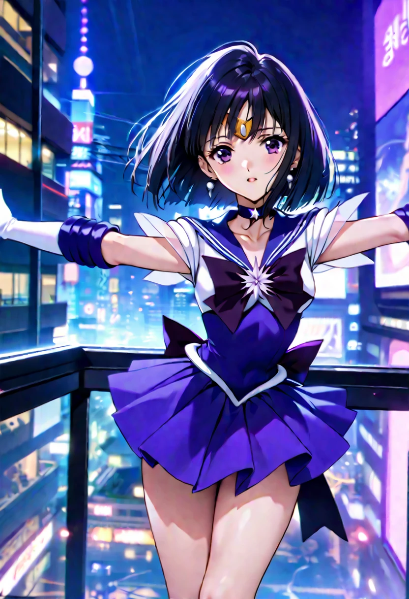 masterpieceThe best quality,Very aesthetic absurdres,Sailor Saturn XL,,One girl,Alone,Sailor Saturn XL,sailor senshi uniform,jewelry,skirt,choker,star choker,sailor collar,bow,brooch,star brooch,purple sailor collar,purple skirt,gloves,tiara,short hair,white gloves,earrings,elbow gloves,black hair,purple eyes,pleated skirt,gloves,Silver Hair,Purple eyes,city,Outdoor,night,Arms stretched out,looking at viewer,