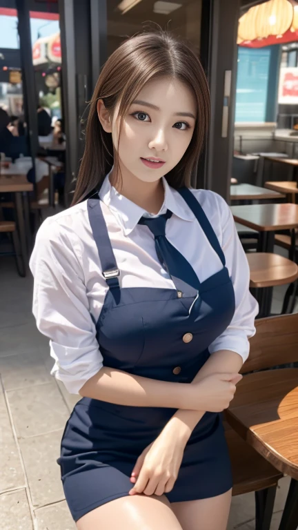 bestquality,detailed,absurdres,1 japanese girl,18years old,thick eyebrow,large roundish armond eyes,eyeliner,short ponytail,(small round nose:1.4),baby face,very cute,collared shirt,pleated skirt,large breasts,cleavage,slender,boyish,naughty grin,sitting,(indian style),thighs focus,bedroom