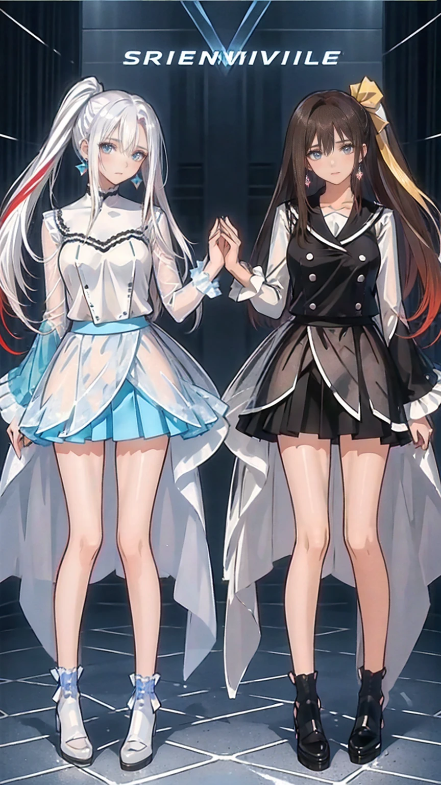 ((Biologically correct number of limbs))、(( Full body photo including face))、4K、((standing position))、masterpiece、((focus on the face))、((Symmetrical facial features))、Eyes with detailed description、Beautiful woman、outstanding style、beautiful arms、beautiful legs、beautiful hands、(small ass、thin thighs）、Detailed depiction of faces、small earrings、necklace、(shiny uniform、shiny skirt、high heels、stockings）smile、（beautiful legsのアップ）、